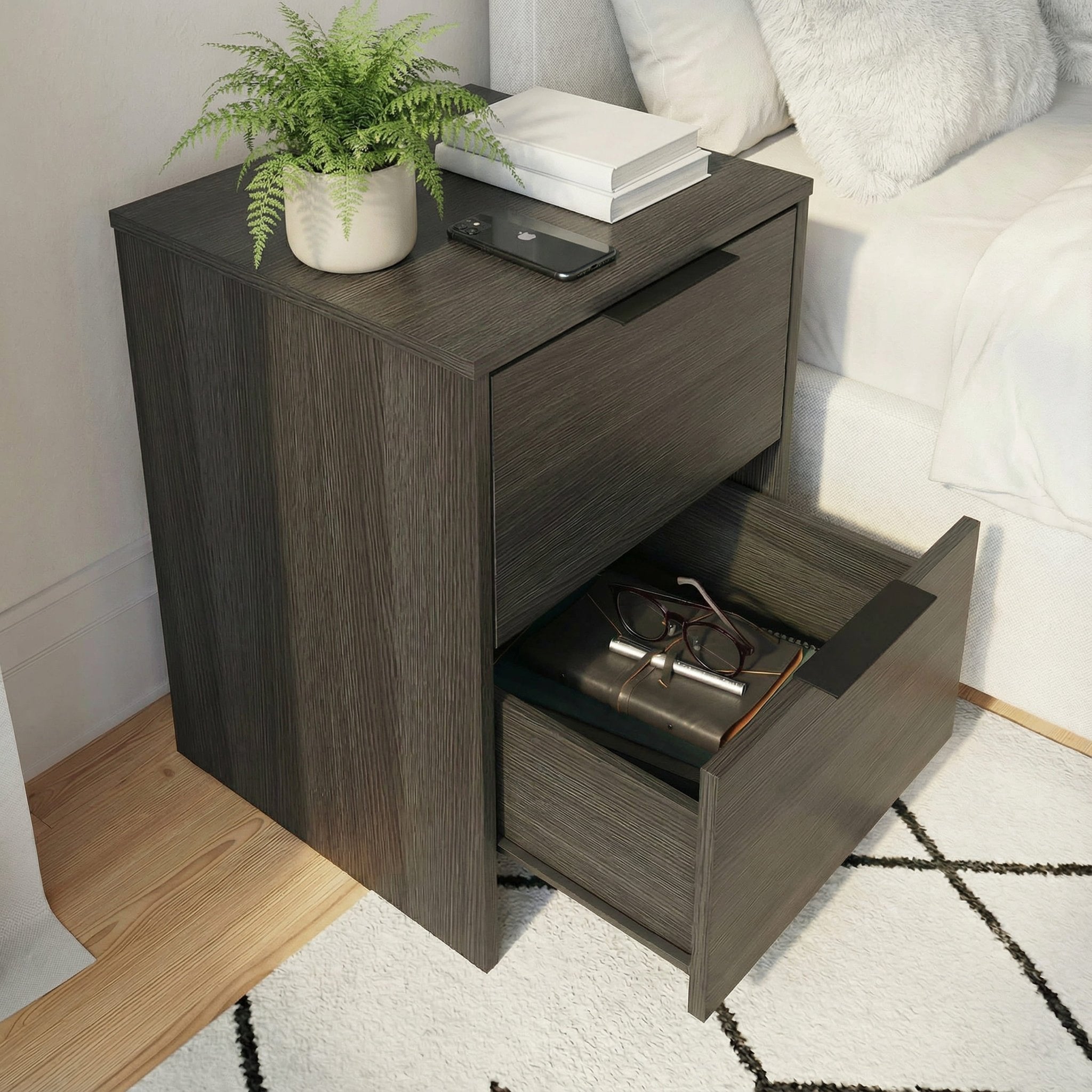 Screw-U Nightstand in Charcoal Oak - Tool-free, easy-assembly modern nightstand by Simply Built - #color_charcoal oak