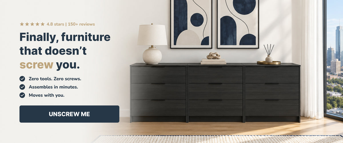 Finally, furniture that doesn’t screw you. Zero tools, zero screws, assembles in minutes. Three Charcoal Oak tool-free dressers from Simply Built in a bright modern bedroom. Shop now.